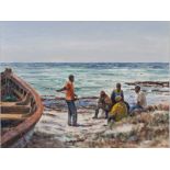 ERIC WALE (1900 - ?), ARNISTON FISHERMAN, oil on board, signed, signed and title verso, 44 by 59cm.