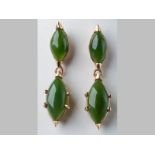 A PAIR OF 14CT YELLOW GOLD JADEITE EARRINGS, comprising of two jadeite oval shaped drops, claw set