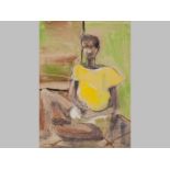 LOUIS KHELA MAQHUBELA (1939 -), SEATED MAN, mixed media on paper, signed, inscribed "Gift from Ezrom