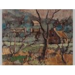 GEORGE ENSLIN (191 - 1972), COTTAGES IN LANDSCAPE, oil on board, signed, 30 by 40cm.