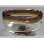 A DAVID READE GLASS PEDESTAL BOWL, clear glass bowl with a multi-colour swirl border and base,