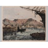 MARTINUS (TINUS) JOHANNES DE JONGH (1885 - 1942), CAPE TOWN DOCKS AND TABLE MOUNTAIN, colour etching