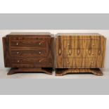 A NEAR PAIR OF ART DECO WALNUT AND MAHOGANY PEDESTAL CHESTS, Circa 1930's, each with a caddy top,