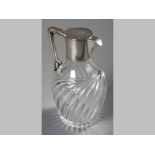 AN .800 STD SILVER AND GLASS CLARET JUG, by Friedlander, the hinged top with engraved initials,