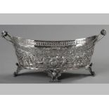 A FRENCH SILVERPLATE TWIN-HANDLED BOWL, with twin turned handles, the body profusely decorated