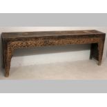 A CHINESE ELM AND STAINED ELM ALTAR TABLE, the flush top with mitred joints to the square tapering