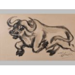 LUCAS TANDOKWZSI SITHOLE (1931-1994), BUFFALO, oil on paper, signed, 62 by 100cm.
