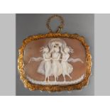 A 14CT YELLOW GOLD AND CAMEO BROOCH, depicting the Three Graces, of rectangular form, in a
