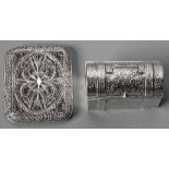 A SILVER FILIGREE CIGARETTE CASE, 8.5 by 7cm, 64g. Together with a Continental silver domed top