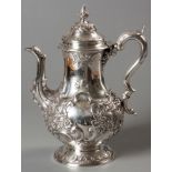 A VICTORIAN SILVER COFFEE POT, EDINBURGH 1851, MACKAY & CHISHOLM, hinged top with floral form