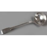 A GEORGE III SILVER FIDDLE PATTERN SOUP LADLE, LONDON 1806, W.E.W.F., engraved with griffon, 32.