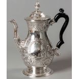 A 19TH CENTURY ENGLISH SILVER COFFEE POT, LONDON, MARKS INDECIPHERABLE, hinged top with removable