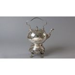 A SILVERPLATED KETTLE-ON-STAND, hinged top with removable finial, serpentine swing-over handle,