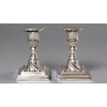 A PAIR OF SILVER CANDLESTICKS, SHEFFIELD 1966, HAWKSWORTH EYRE & CO., with removable wax pan, the