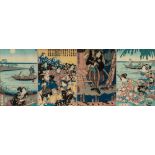 A SET OF FOUR 19th CENTURY JAPANESE WOODBLOCK PRINTS, * women in a boat on a lake, some