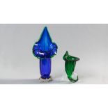 A MURANO GLASS CORNUCOPIA, Bristol blue glass ground with a green rim, 38cm high. Together with a