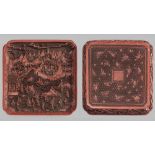 A SUPERBLY CARVED CHINESE CINNABAR LACQUER TRAY, depicting a palace and lakeside scene with