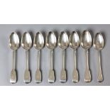 A COLLECTION OF SEVEN GEORGIAN SILVER FIDDLE PATTERN DESSERT SPOONS, various dates and makers,