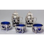 A MID-19th CENTURY POLISH SILVER FIVE PIECE CRUET SET, BRESLAU, comprising: 2 mustard pots and three