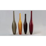 A SET OF FOUR MURANO FROSTED GLASS BOTTLE VASES, in grey, brown, maroon and yellow, bases all