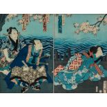 A PAIR OF 19th CENTURY JAPANESE WOODBLOCK PRINTS, one depicting a geisha by a lake with cherry