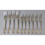 A SET OF SIX VICTORIAN SILVER FIDDLE PATTERN ENTRÉE FORKS, LONDON 1859, W.R. SMILY, handles engraved