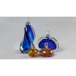 A COLLECTION OF FOUR DAVID READ DECANTERS AND PERFUME BOTTLES, in Bristol blue and yellow ground,