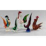 A COLLECTION OF FIVE MURANO ROOSTERS, of various colours and designs, 30cm height of largest, 24cm