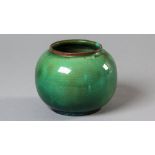 A LINNWARE MOTTLED GREEN VASE, the fold-over rim with brown highlighting, bulbous body standing on a