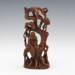 Chinese Finely Carved Huang Yang Wood Sculpture of Meditating Arhat on Pine Tree