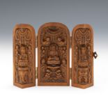 Finely Carved Huang Yang Wood Buddha Traveling Triptych Devotional Altar