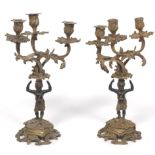 Rococo Style Blackamoor Cast Bronze Pair of Three Light Candelabra, ca. 19th Century