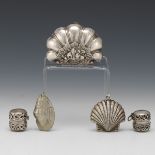Sterling Silver, Three Shell Form Boxes and Two Cased Thimbles, ca. Late 19th Century