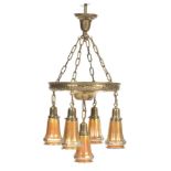 Five-Light Adjustable Length Chandelier with Gilt Brass and Gold Aurene Signed Steuben Glass Matchi