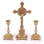 D'Ore Bronze Pair of Candlesticks and Cast Metal Crucifix, ca. 20th Century