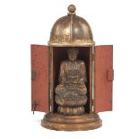 Antique Japanese Gilt Wood Zushi Shrine with Carved Wood Omida Nyorai Buddha Sculpture