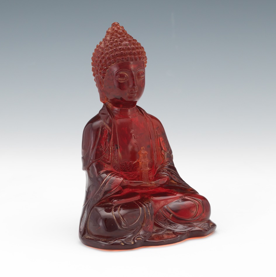 Consolidated Cherry Amber Sculpture of Buddha in Dhyana Mudra Holding Temple - Image 5 of 7