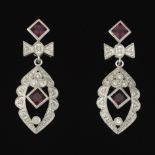 Ladies' Edwardian Style Gold, Garnet and Diamond Pair of Dangle Earrings