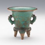 Chinese Archaistic Style Red Clay Turquoise Glazed Tripod Wine Cup