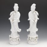 Pair of Mirror Image Blanc-de-Chine Porcelain Sculptures of Guanyin Goddess of Mercy