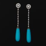 A Pair of Diamond and Turquoise Pendant Earrings