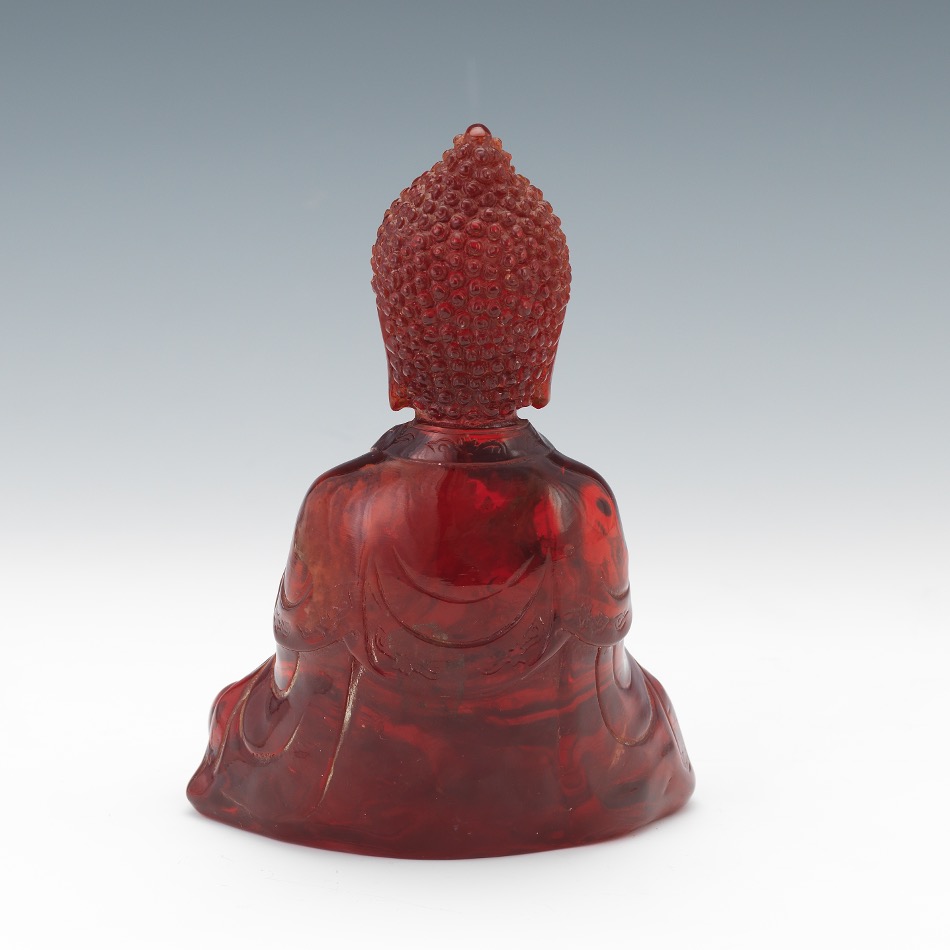 Consolidated Cherry Amber Sculpture of Buddha in Dhyana Mudra Holding Temple - Image 3 of 7