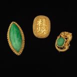 Three High Karat Chinese Gold and Green Jade Pins