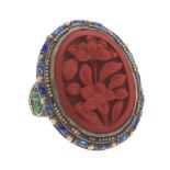 Antique Chinese Parcel-Gilt Silver, Carved Cinnabar and Enamel Adjustable Size Ring