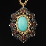 Ladies' Gold, Turquoise, Diamond, Blue Sapphire and Ruby Oversized Pendant on Chain