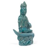 Chinese Ming Style Turquoise Glazed Ceramic Seated Bothisattva Guanyin at Royal Ease