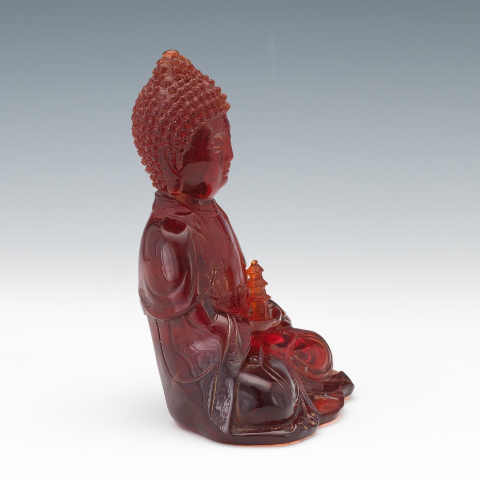 Consolidated Cherry Amber Sculpture of Buddha in Dhyana Mudra Holding Temple - Image 4 of 7