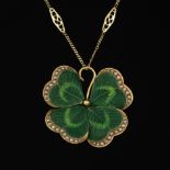 Ladies' Art Nouveau Gold, Enamel and Seed Pearl Lucky Shamrock Pendant on Chain