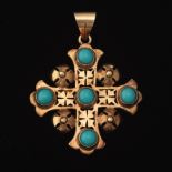 Antique Rose Gold and Turquoise Jerusalem Cross Pendant