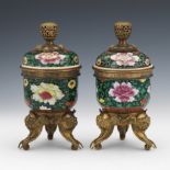 Rare Chinese Famille Noire Pair of Porcelain Lidded Bowls with Ormolu Bronze Mounts, Qing Dynasty